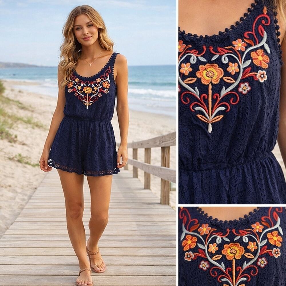 Boho Embroidered Lace Romper Navy Floral Festival Summer Xhilaration Size Medium
